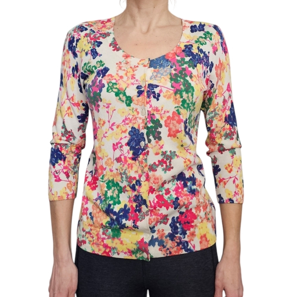 Talbots Floral Print Cotton Cardigan 3/4 Sleeve S